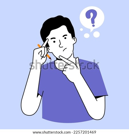 Questioning. Problems with thinking or making decisions. Young man thinking of ideas. Adults are confused with imagination. linear, thin line, doodle. vector illustration Royalty-Free Stock Photo #2257201469