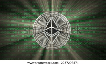 Symbol picture Cryptocurrency, digital currency, silver coin Ethereum in front of digital binary code
