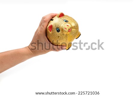 gold piggy bank on hand  isolated on white