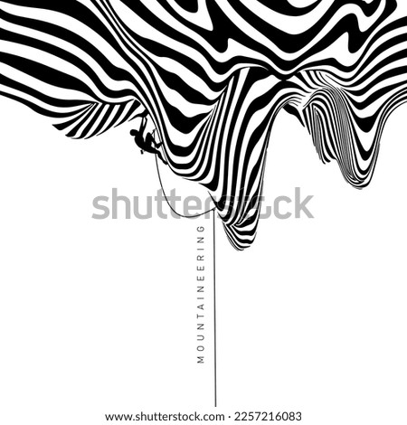 Hypnotic optical vector illustration. Multidimensional waves forming a mountain, with a climber hanging on a rope, and "Mountaineering" text.