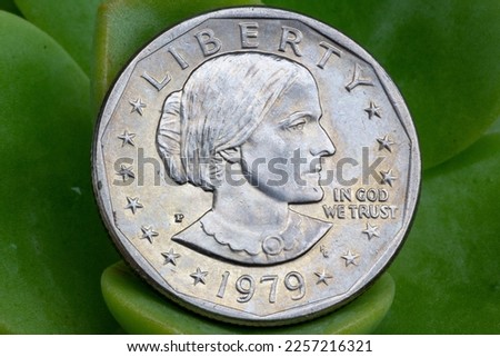 1979-P Susan B. Anthony Dollar: obverse side. First circulating US coin to feature a woman, produced 79-81 and 99. Depicts suffragist Susan B. Anthony. Perfect for Women's Rights discussions. Royalty-Free Stock Photo #2257216321