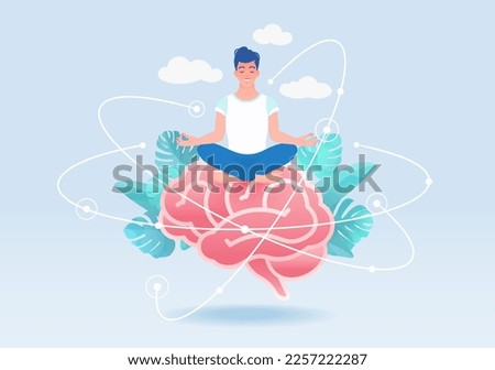 Man meditating in lotus pose sitting on brain. Vector illustration.