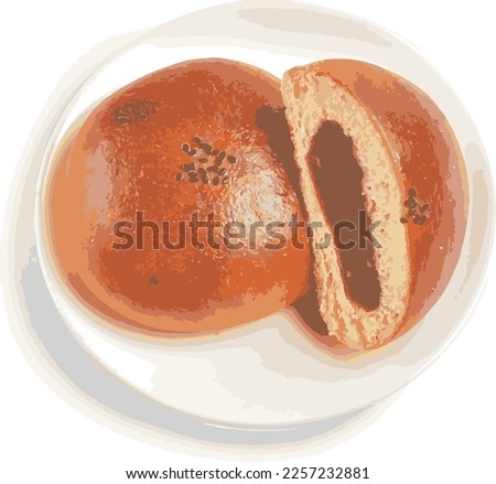 Bread with red beans. There are photo and vector versions. Red bean is cooked and ground into a pastry before being baked inside bread. It is soft and slightly sweet. Ideal to eat and drink with tea