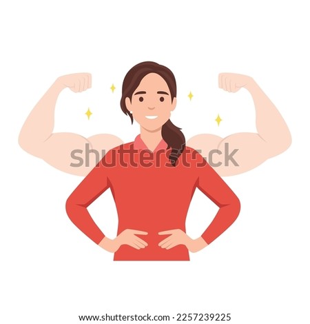 Young woman power, female self confidence, high esteem concept. Brave confident smiling woman standing showing biceps shadows facing fears like powerful hero. Flat vector illustration isolated Royalty-Free Stock Photo #2257239225