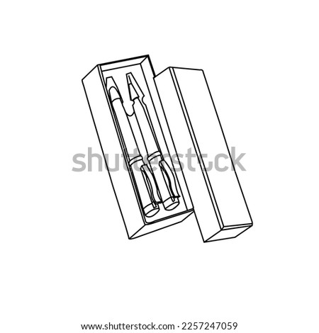 Ball pen and ink pen on a bright background.School clip art collection. Pencil boxBlank Paper Packaging Pen Box with Foam Insert tray. 3d render illustration.3d render writing set with a stylish box. 