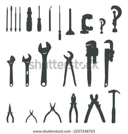 Plumbing tools silhouette, Plumbers equipment silhouettes