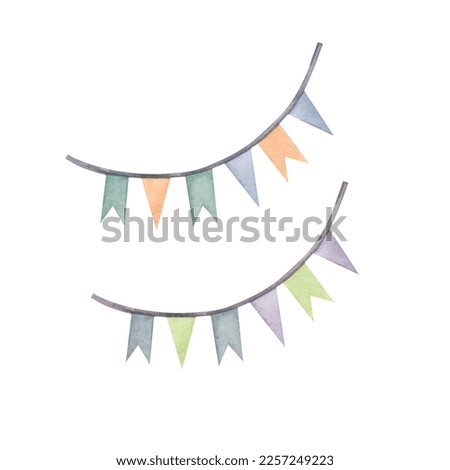 Colorful garland watercolor illustration. Hand drawn isolated on white background. Template for your design, Birthday cards, postcards, children's room.
