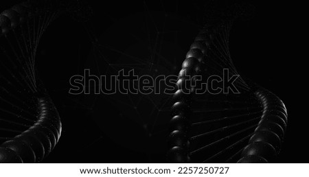 Image of close up of macro black dna strand and copy space. Global science, research, genetics and data processing concept digitally generated image.
