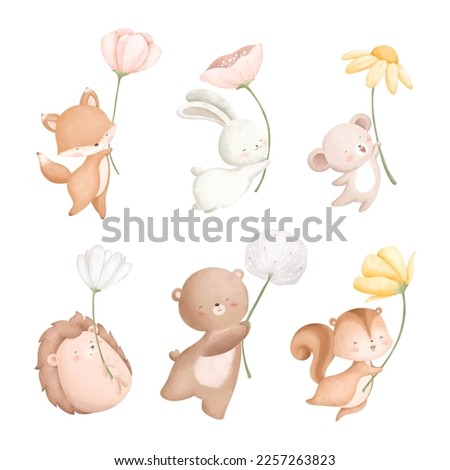 Watercolor Illustration set of woodland animal and spring flower