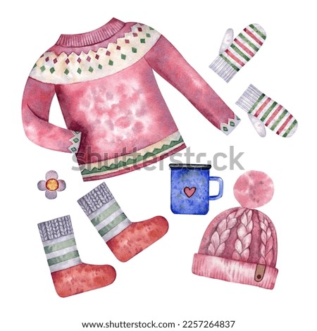 Knitted clothes jumper, hat with pompom, socks, mittens. Mug with heart isolated on white background watercolor elements for design of wrapping paper and textile