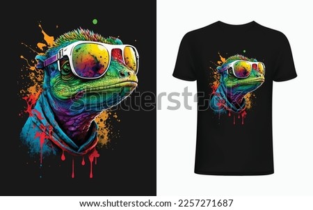 Funny colorful lizard with sunglasses, graffiti artwork style. Printable design for t-shirts, mugs, cases, etc. Royalty-Free Stock Photo #2257271687