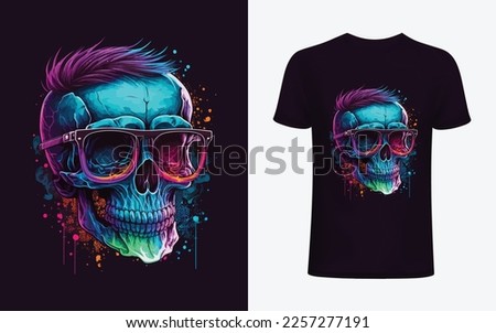 Neon hipster skull with sunglass for t shirt design, gaming logo, poster, banner etc. Royalty-Free Stock Photo #2257277191