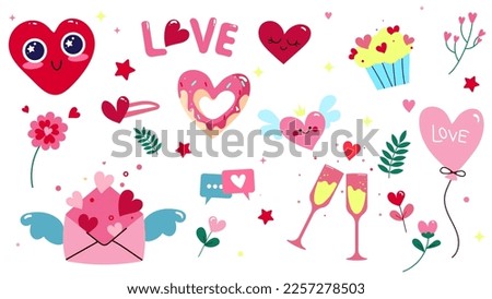 Set of different design elements for Valentine's Day and wedding in cartoon style. Vector illustration of icons with cute hearts, inscriptions, glasses, flowers and leaves, letter, ring, balloon.
