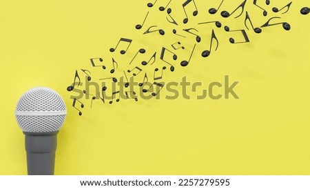3D illustration of microphone and music notes isolated on yellow background with clipping path.