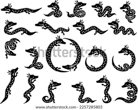 Illustration set of black and white small dragon characters