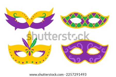 Vector Mardi Gras set with carnival masks. Mardi Gras mask collection. Design for fat tuesday carnival and festival. Colorful masquerade illustration. Royalty-Free Stock Photo #2257291493