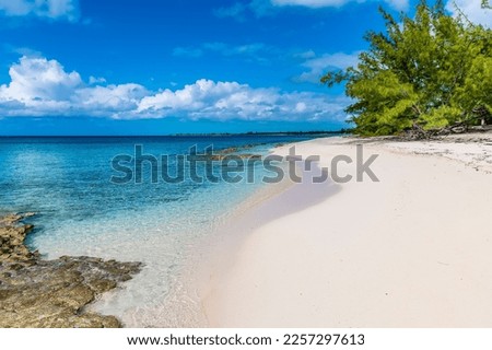 A view along a sandy beach with reef offshore on the island of Eleuthera, Bahamas on a bright sunny day Royalty-Free Stock Photo #2257297613