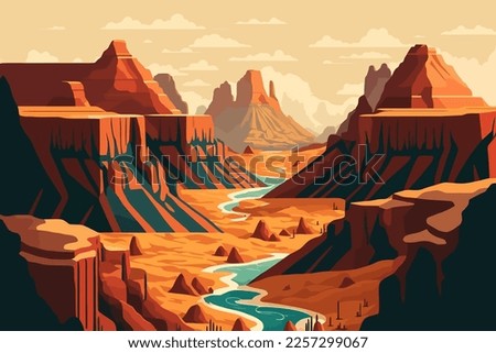 illustration of grand canyon. Desert landscape with mountains and river. in flat style Vector  Royalty-Free Stock Photo #2257299067