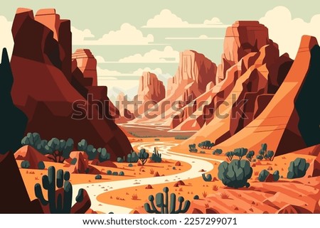 illustration of grand canyon. Desert landscape with mountains and river. in flat style Vector  Royalty-Free Stock Photo #2257299071