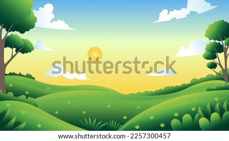 vector illustration of green field with sunny cloud and shining sun, nature illustration