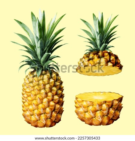 3D illustration of whole pineapple and pineapple cut in half elements isolated on light yellow background Royalty-Free Stock Photo #2257305433