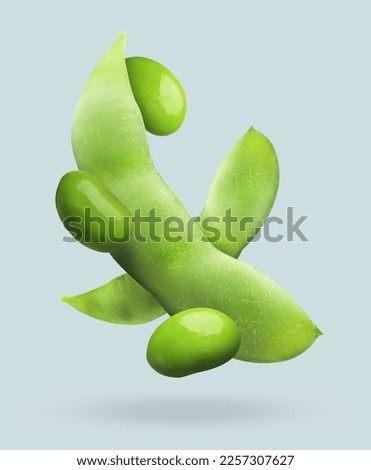Delicious cooked soy beans and pods falling on light grey background. Edamame Royalty-Free Stock Photo #2257307627