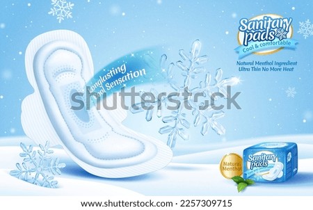 3D illustration of sanitary pad with ice snowflakes decoration alongside floating on snowfield. Concept of pads with comfortable and long lasting cool sensation Royalty-Free Stock Photo #2257309715