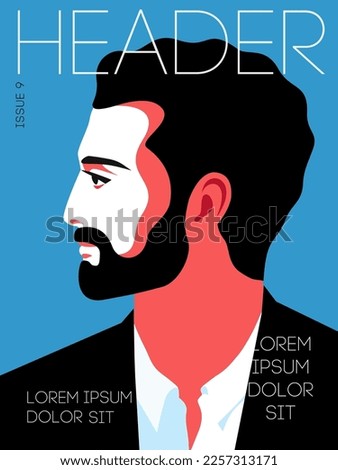 Magazine cover design. Abstract male portrait, side view. Young curly bearded man wearing suit and shirt. Vector illustration