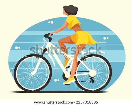 Beautiful woman in a yellow dress rides a bicycle on the road. Vector illustration