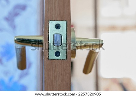 Lever door handle with latch is installed on an interior wooden door. Royalty-Free Stock Photo #2257320905