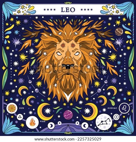 Leo sign of the zodiac. Modern magical astrological map. Magical girl, stars, moon, constellation, hand-drawn signs. Vector illustration