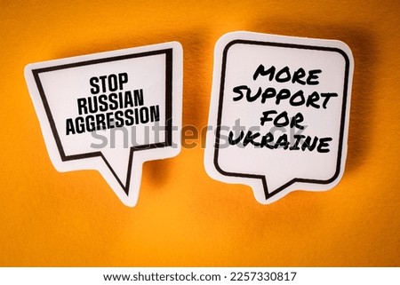 Ukrainian support concept. Speech bubbles with text on a yellow background.