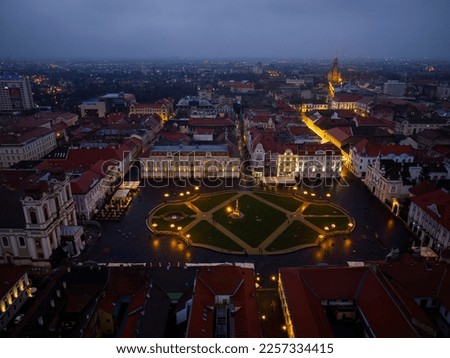 The Unirii Square from Timisoara at the blue hour with view of the city, Timisoara the European Capital of Culture in 2023