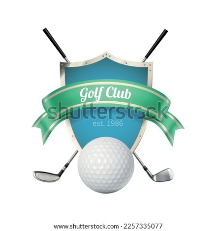 Golf composition with isolated golf club emblem with realistic ball and brassie images vector illustration Royalty-Free Stock Photo #2257335077