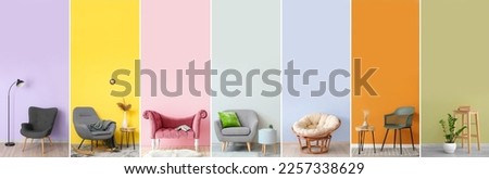 Group of minimalist interiors with stylish furniture and decor near color walls Royalty-Free Stock Photo #2257338629
