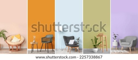 Set of minimalist interiors with trendy furniture and decor near color walls Royalty-Free Stock Photo #2257338867