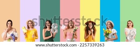 Set of beautiful women with flowers on color background. 8 March celebration Royalty-Free Stock Photo #2257339263