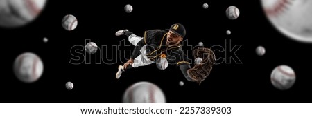 Collage. Man, professional baseball player catching ball with glove in a jump over black background with may balls. Concept of sport, competition, achievements, art. Poster, ad