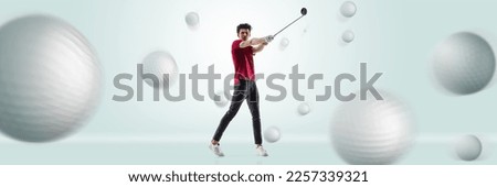 Collage. Young man in red T-shirt playing golf, hitting ball with golf club over light background with many balls. Concept of hobby, spot, leisure activity, achievements. Poster, ad