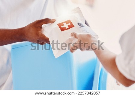 Hands, medical package and delivery closeup in home for woman, man or service for wellness. Medicine logistics, shipping and ecommerce order for pills at house, apartment or workplace for healthcare