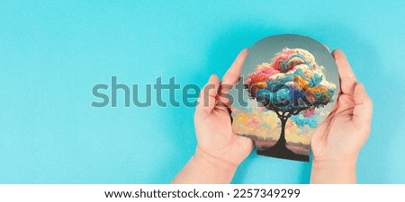 Head with colorful tree, spirituality and creativity concept, connection to nature, positive emotion, mental health Royalty-Free Stock Photo #2257349299