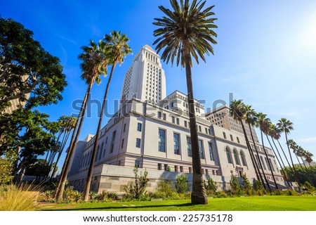 Historic Los Angeles City Hall with blue sky, CA USA Royalty-Free Stock Photo #225735178