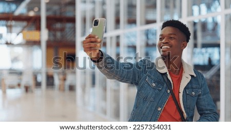 Man, phone or selfie in creative office, social media startup or advertising small business on vlog, blog or content app. Smile, happy influencer or mobile vlogger on technology photography website