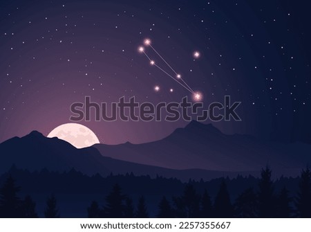Vector constellation Circinus in dark purple, starry sky. Misty hills, rising moon, dark forest, mountains