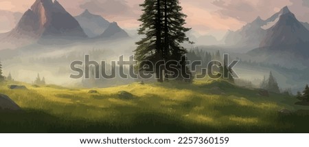 Vector horizontal landscape with fog, forest, mountains, morning sunlight. Illustration panoramic view, fogs silhouettes. Nice wallpaper, background, banner, cover, poster. natural clean landscape