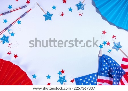 4 july independence day greeting card background with star confetti, American flags, festive decor, ribbon. USA Independence Day, American Labor day, Memorial Day, US election concept.