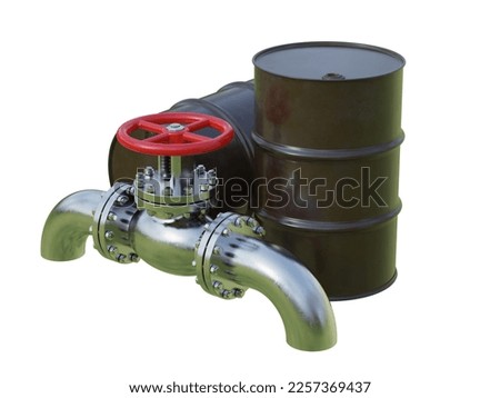 
Crude Oil Gas Petroleum Production Sign, Natural Gas Supply Steel Pipelines and Process Valve against Oil Black Barrel Isolation on White Background, Oil Refinery Market, 3D industrial Illustration