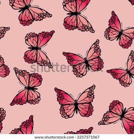 Seamless pattern with funny colorful Butterflies, flowers. Color flat vector illustration for invitation, poster, card, textile, fabric. Butterfly graphic design print. Trendy animal motif wallpaper.