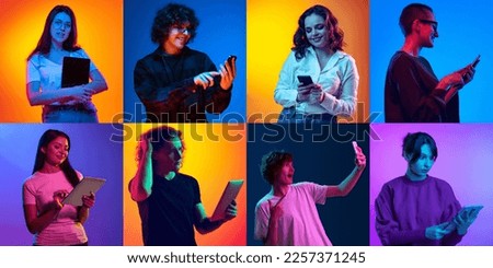 Collage. Modern devices. Young people communicating, working on phones, tablets, laptops over multicolored background in neon light. Concept of human emotions, facial expression, youth, lifestyle. Royalty-Free Stock Photo #2257371245