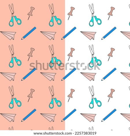 Cute school pattern with stationery stuff. Scissors, pencil, drawing pin, paper plane. Vector illustration
